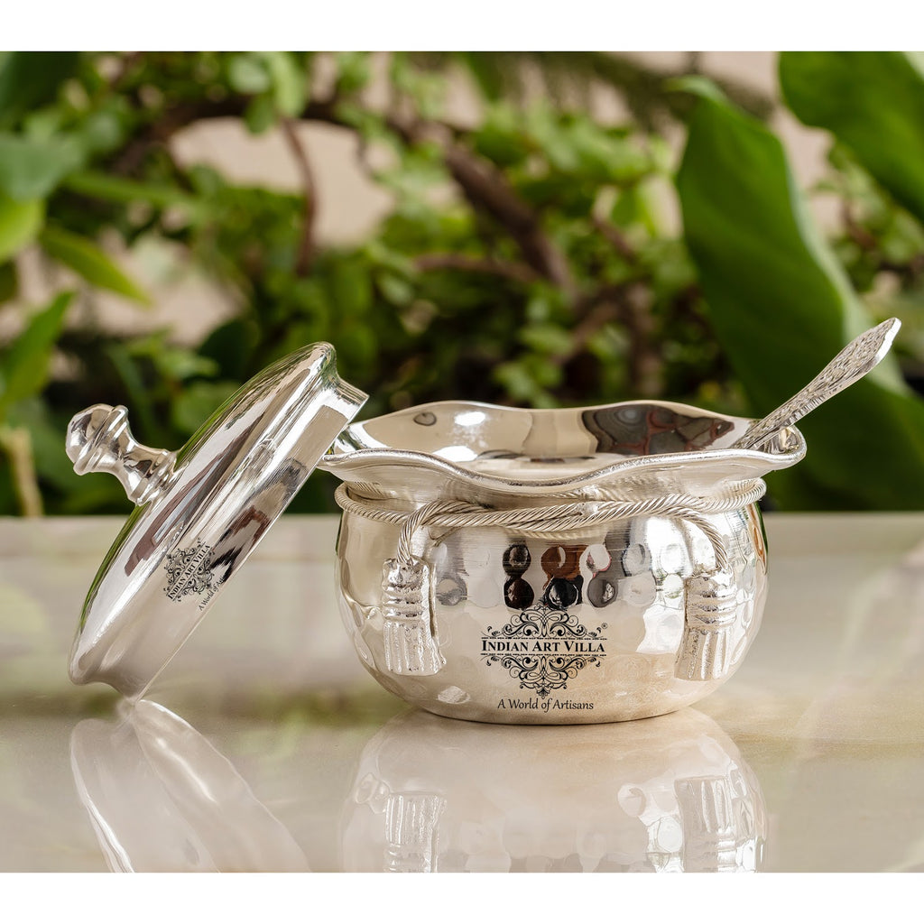 Indian Art Villa Silver-Plated Hammered Bowl with Lid & Spoon - Elegant Gift Box Set for Special Occasions