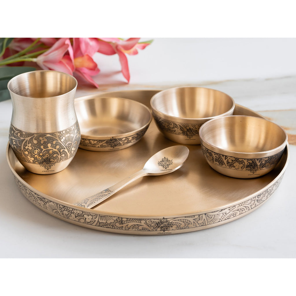 Indian Art Villa Bronze Thali Set – 6-Piece Matt Embossed Dinnerware Set with 1 Thali, 1 Glass, 1 Spoon, 1 Small Plate, and 2 Bowls, Ideal for Everyday Dining & Festive Occasions