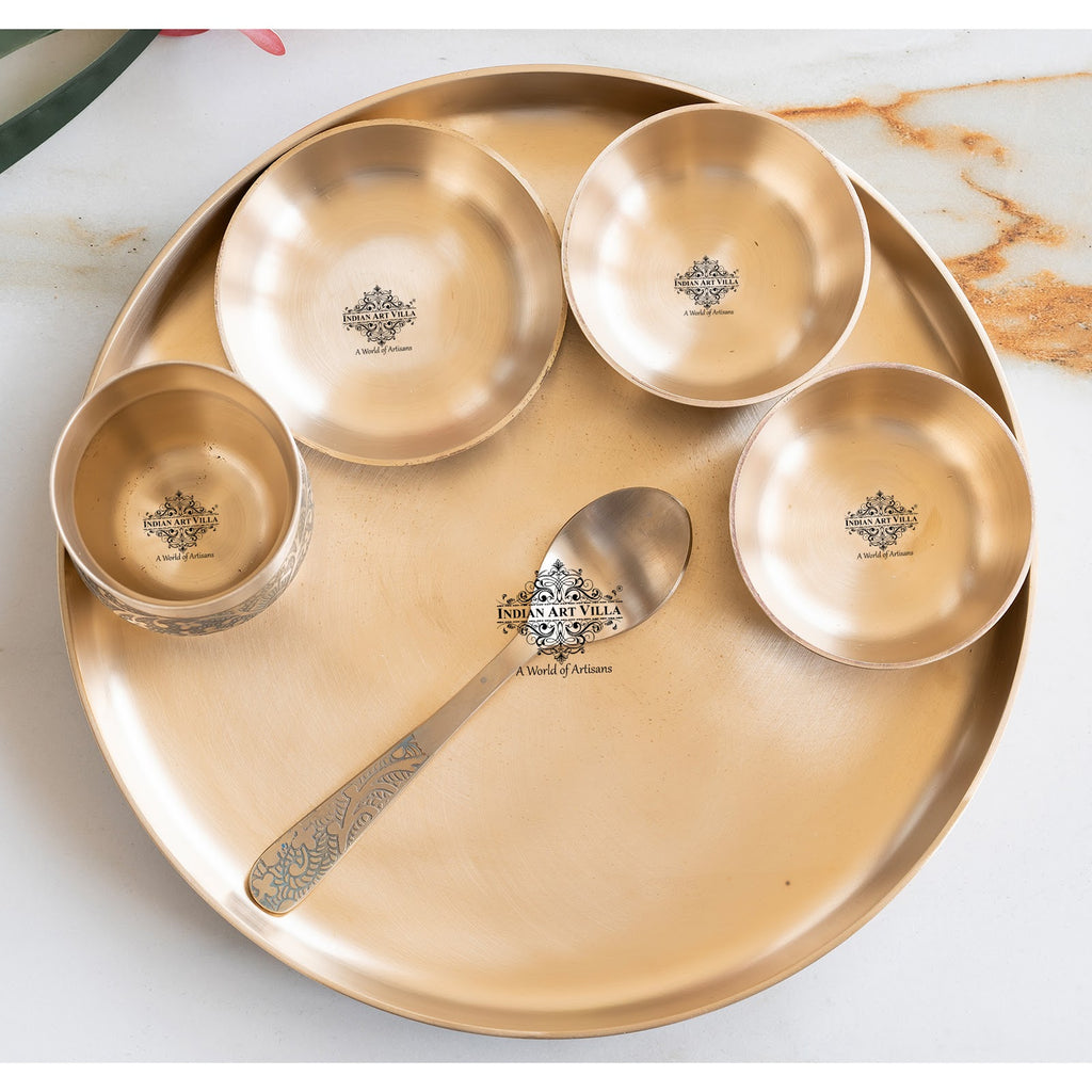 Indian Art Villa Bronze Thali Set – 6-Piece Matt Embossed Dinnerware Set with 1 Thali, 1 Glass, 1 Spoon, 1 Small Plate, and 2 Bowls, Ideal for Everyday Dining & Festive Occasions