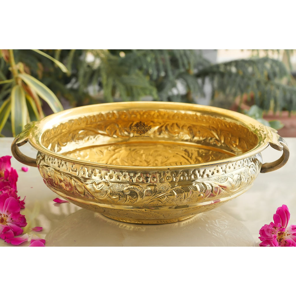 IndianArtVilla Handmade Pure Brass Embossed Design Urli 30.48 cm, Home Decorative Urli Bowl, 5Ltr.