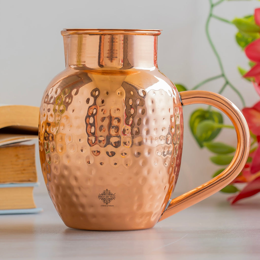 Indian Art Villa, Copper Jug/Pitcher With Hammered Royal Surahi Design– 600 ML, Water Storage & Serving, Drinkware and Serveware