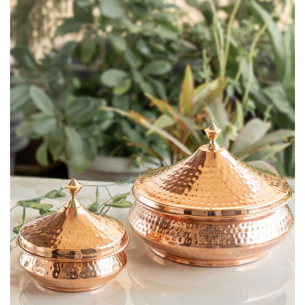 Indian Art Villa Steel Copper Mughlai Handi with Copper Lid and Brass Knob, 330 ML & 1350 ML – Hammered Design Serveware, Perfect for Home & Restaurant Use