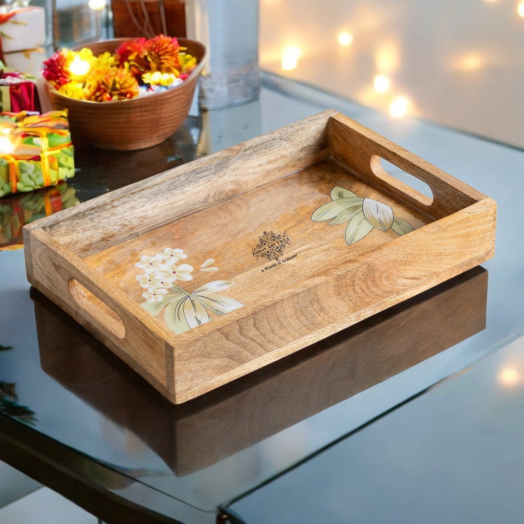 Indian Art Villa Wooden Tray with Plumeria Flower Design, Multipurpose Serving Tray for Tea, Coffee, Snacks, Home Decor, Gift Hampers