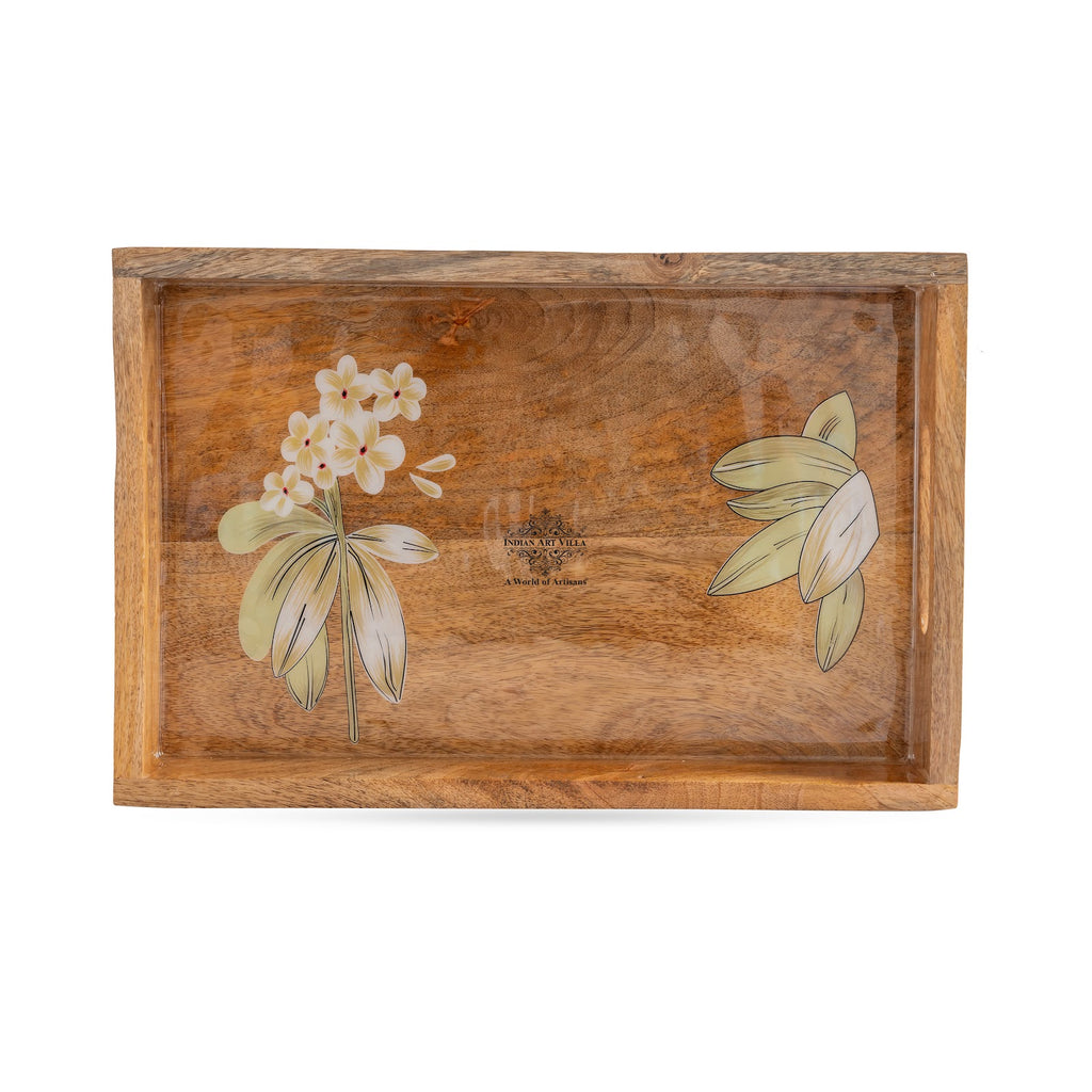 Indian Art Villa Wooden Tray with Plumeria Flower Design, Multipurpose Serving Tray for Tea, Coffee, Snacks, Home Decor, Gift Hampers