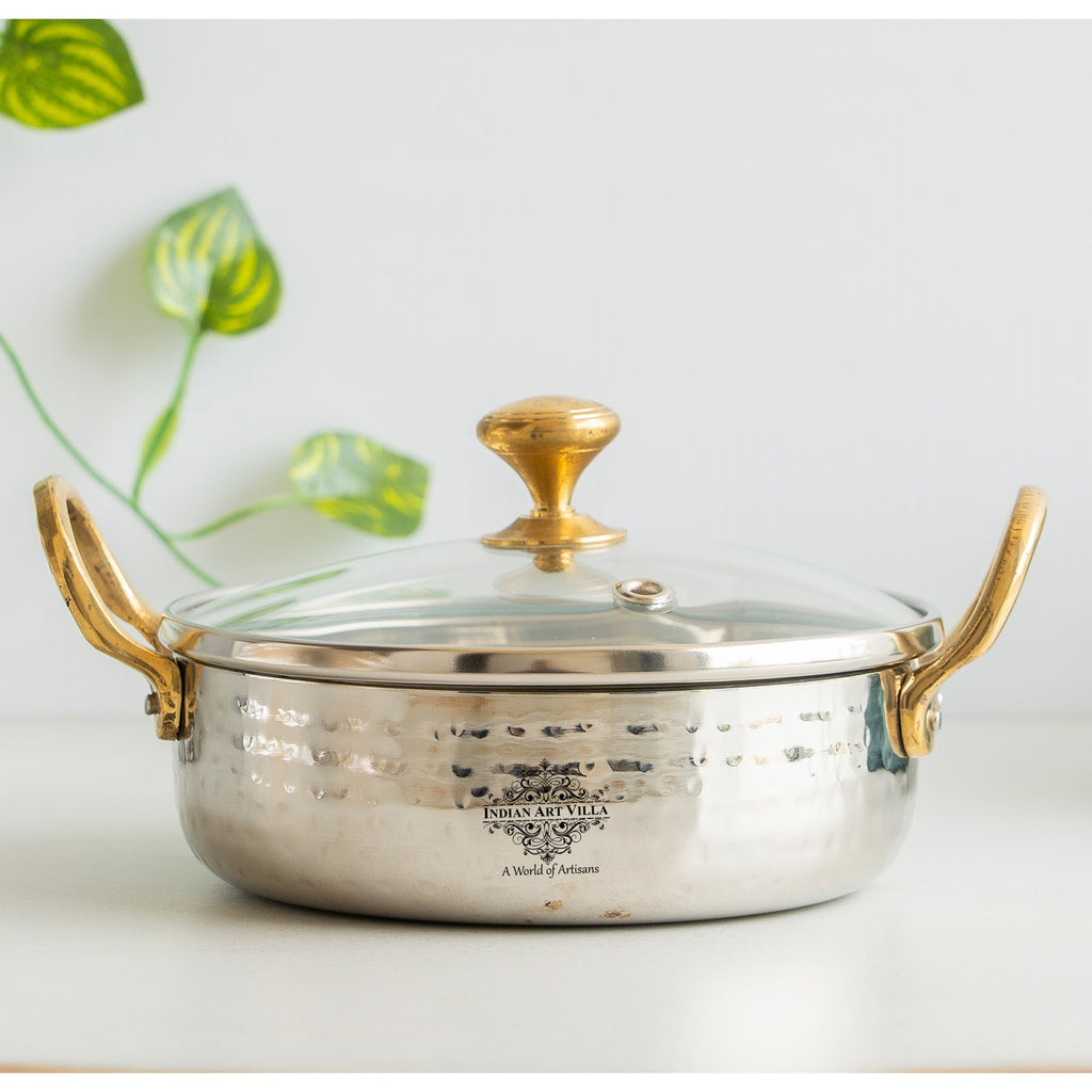 Indian Art Villa Stainless Steel Hammered Sauce Pan/Bowl with Brass Handles and Glass Lid, Ideal for Sauces, Soups, Gravies, and Cooking