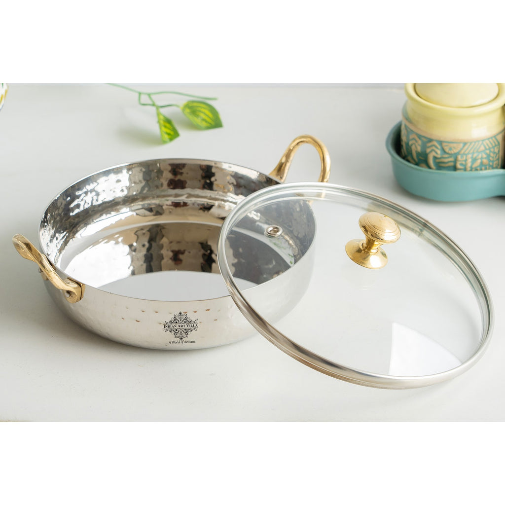 Indian Art Villa Stainless Steel Hammered Sauce Pan/Bowl with Brass Handles and Glass Lid, Ideal for Sauces, Soups, Gravies, and Cooking