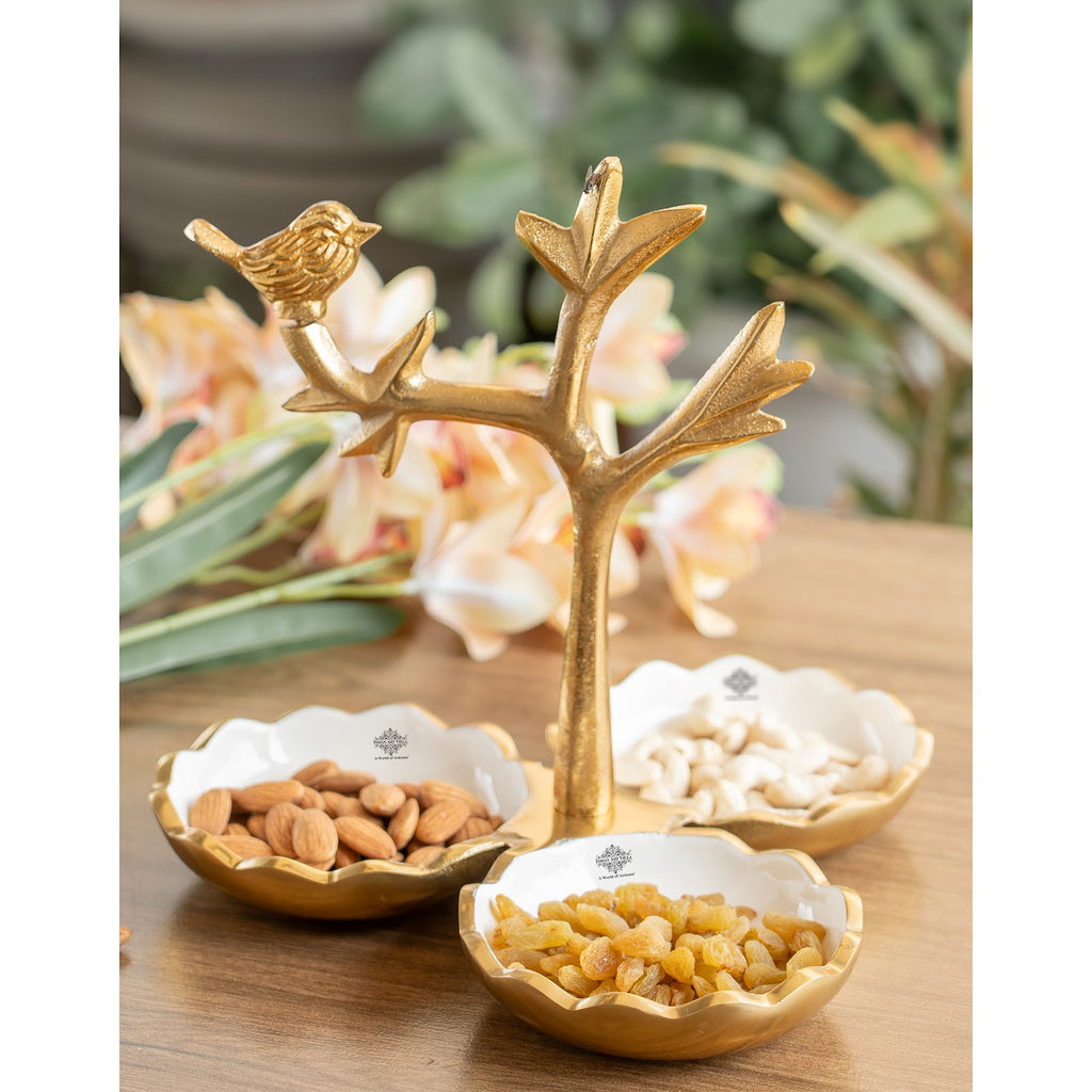 Indian Art Villa Brass Finish Decorative Dry Fruit Bowl with Bird Design – 3 Components, 170 ML