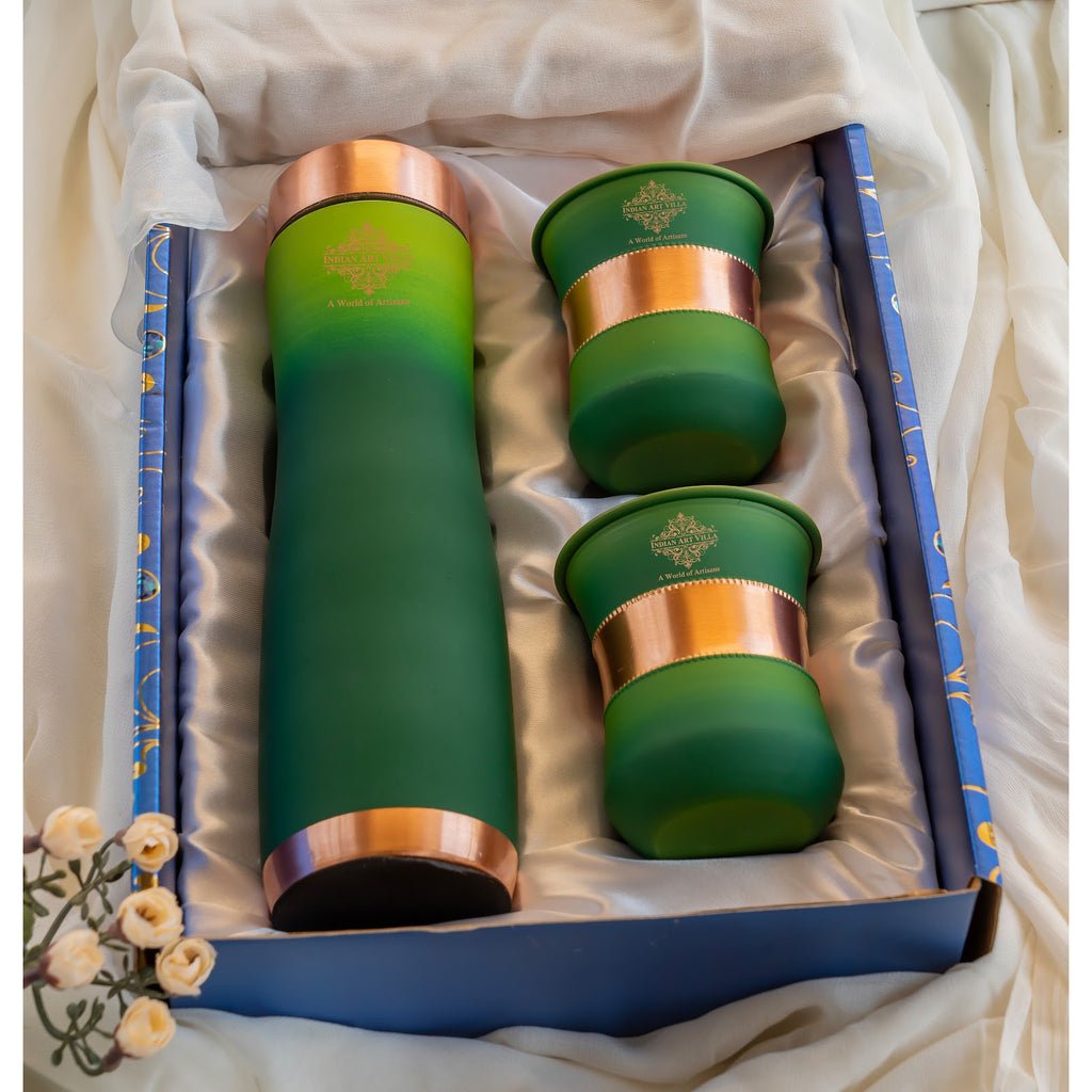 Indian Art Villa Green Shaded Silk Finish Copper Bottle & 2 Glass  | Gift Set  | Style Meets Wellness | Bottle-950 Ml, Glass-320 Ml