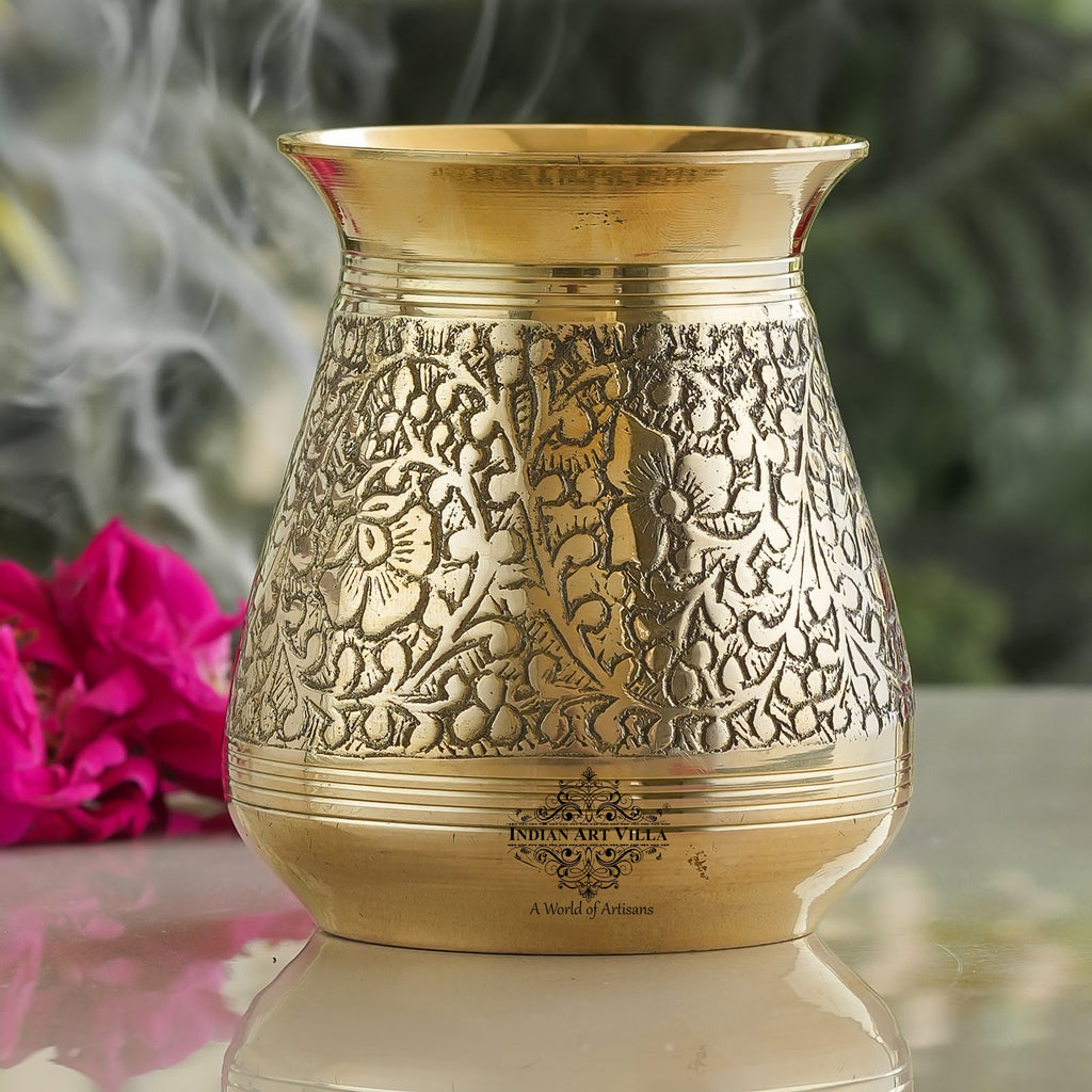 IndianArtVilla Pure Brass Glass Parsi Lota Embossed Design, Spiritual Item, 200 ML