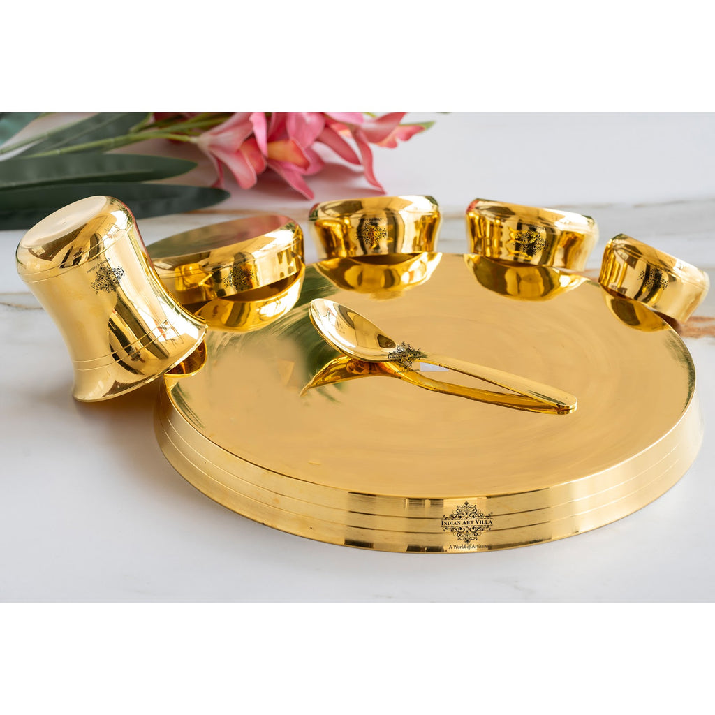 Indian Art Villa Luxurious Brass 7 Piece Dinner Set With Lead-Free Gold Finish - Elevate Your Dining with Timeless Indian Craftsmanship"