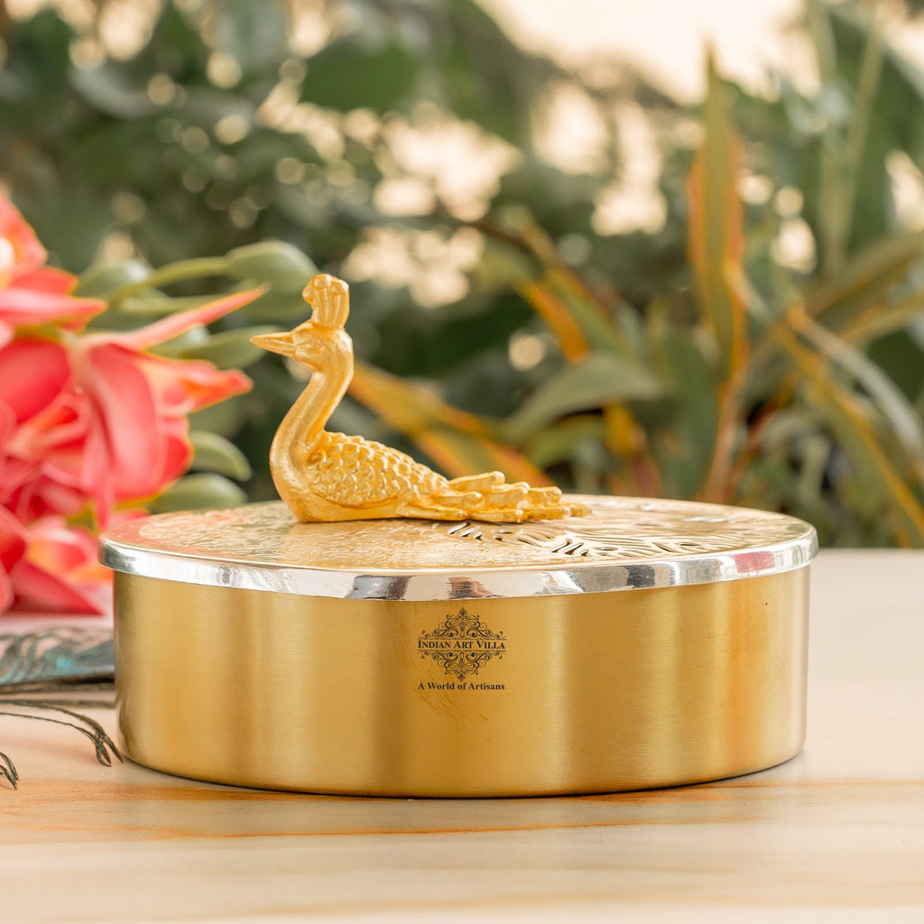 Indian Art Villa Silver Plated Brass Decorative Box With Peacock Design Knob, Ideal For Gifting