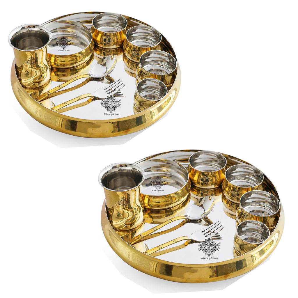 Indian Art Villa Steel Brass Curve Dinner / Thali Set, Cruve Plain Shine Finish Design, 9 Pieces Set