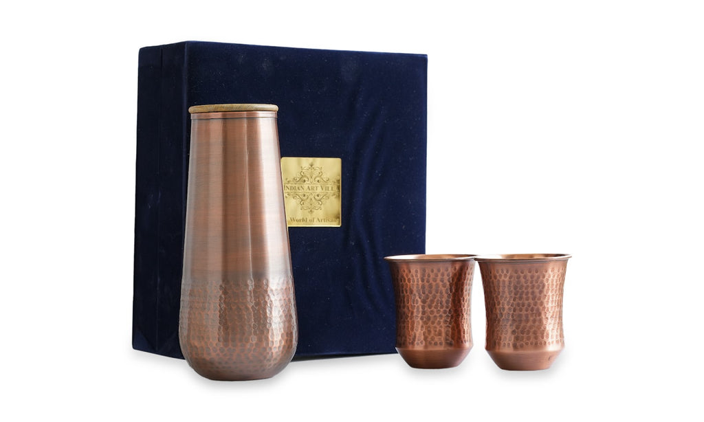 Indian Art Villa Pure Copper Drinkware Gift Set of Copper Bedroom Bottle & Copper Glass with Antique Finished Embossed Design