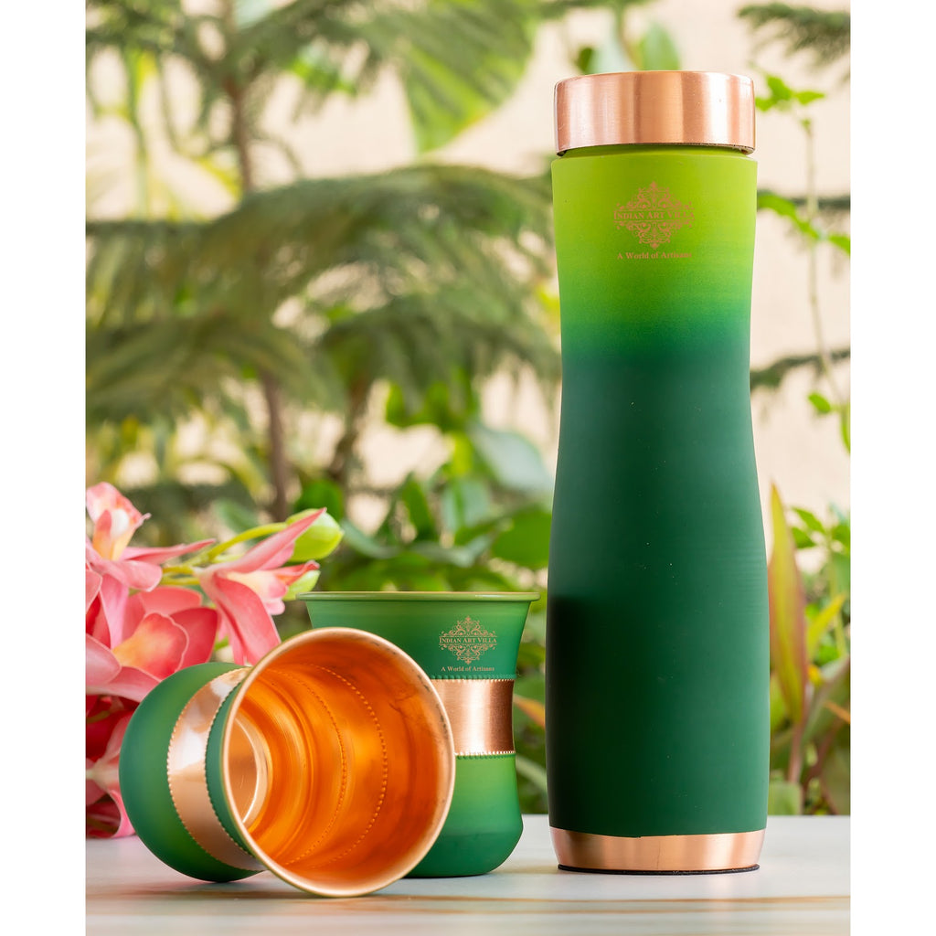 Indian Art Villa Green Shaded Silk Finish Copper Bottle & 2 Glass  | Gift Set  | Style Meets Wellness | Bottle-950 Ml, Glass-320 Ml