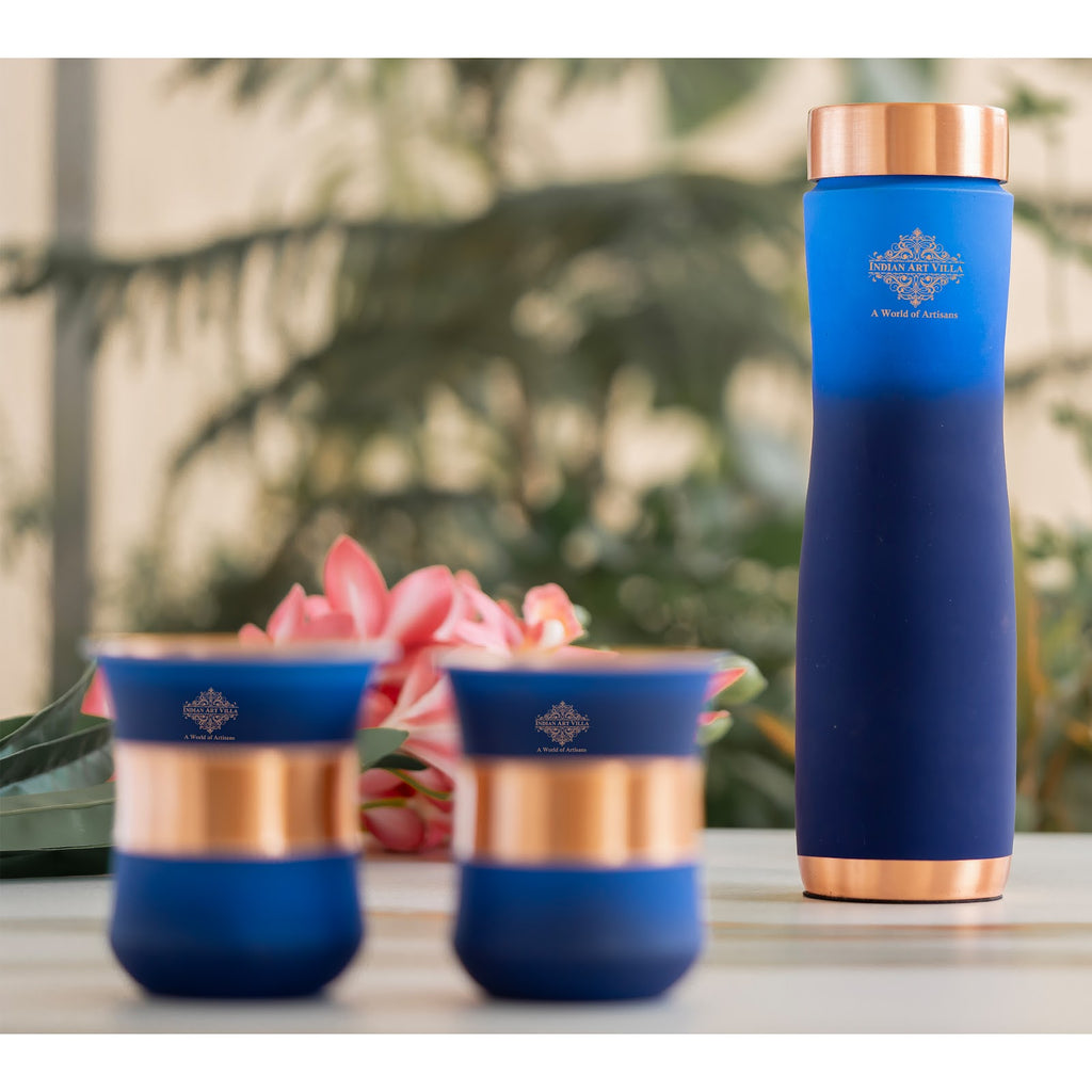 Indian Art Villa Matte Blue Ombre Copper Bottle and Glass Set with Royal Look –  Perfect for Adding a Touch of Luxury, Bottle-950 Ml, Glass-320 Ml