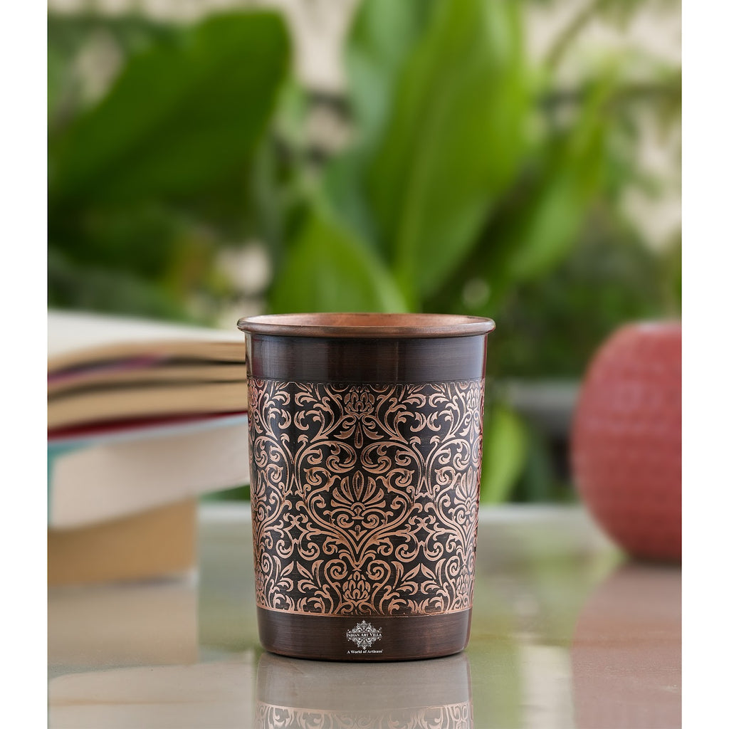 Indian Art Villa Handcrafted Pure Copper Glass, Dark Embossed Design, Drinkware, Serveware