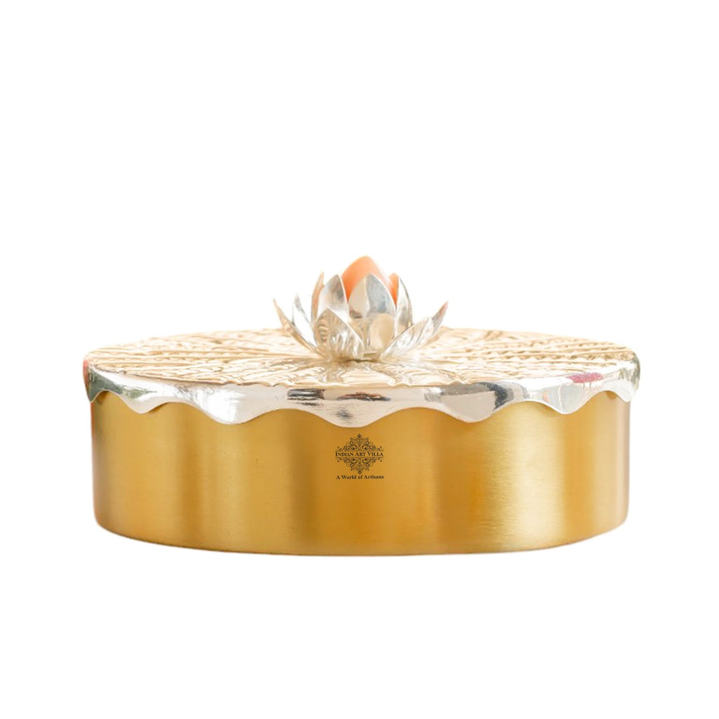 Indian Art Villa Silver-Plated Brass Decorative Multi-Purpose Gift Box, Lotus Flower Design, Elegant Silver & Gold Finish Storage Box for Dry Fruits