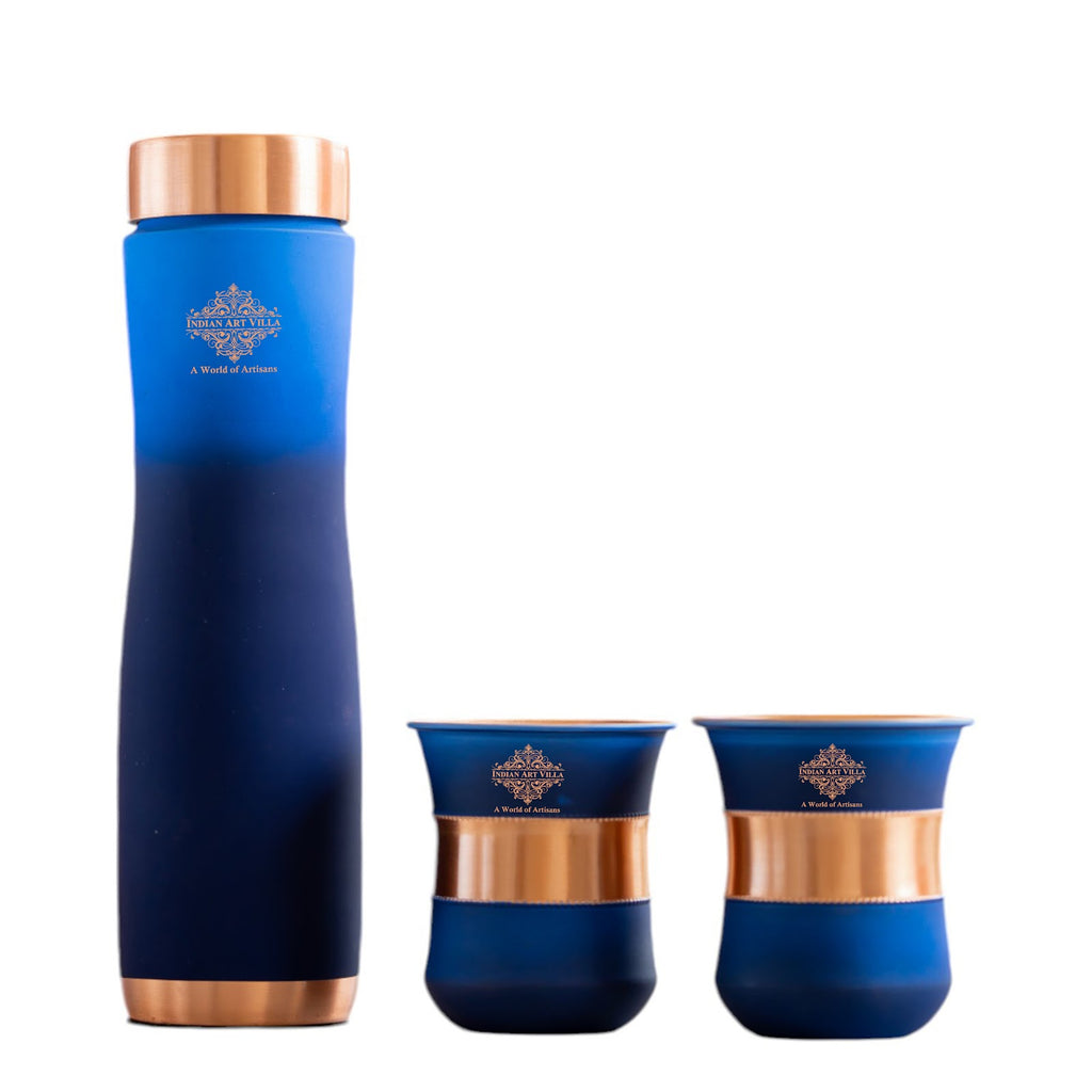 Indian Art Villa Matte Blue Ombre Copper Bottle and Glass Set with Royal Look –  Perfect for Adding a Touch of Luxury, Bottle-950 Ml, Glass-320 Ml