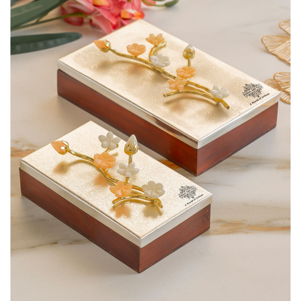 Indian Art Villa Wooden Decorative Box with Silver-Plated Leaf and Flower Design, 20 cm–  Perfect for Festivals, Occasions & Gift