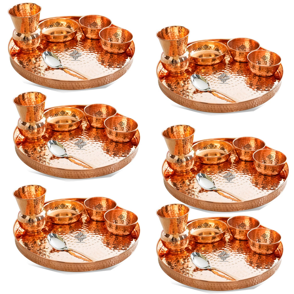 IndianArtVilla Pure Copper Hammered  Design, 6 Pieces Dinner Set, 30.48 cm Thali