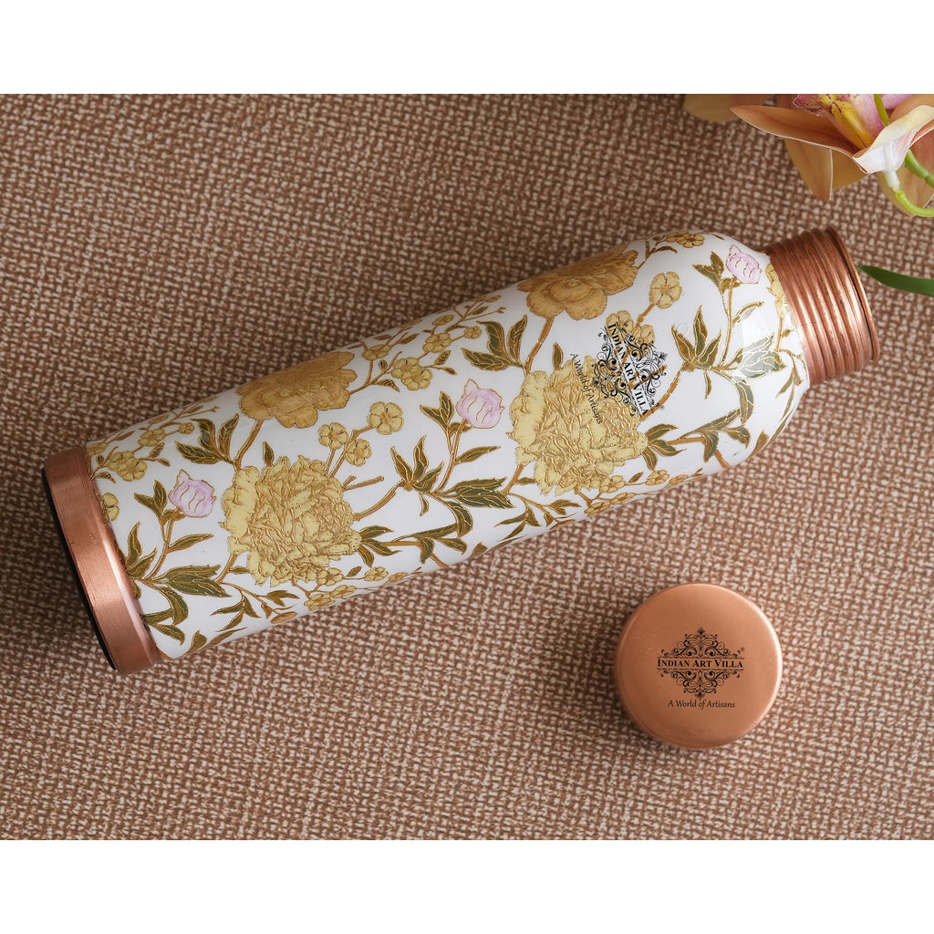 Indian Art Villa Handcrafted Pure Copper Gold Floral Print Design Water Bottle, 900 ML