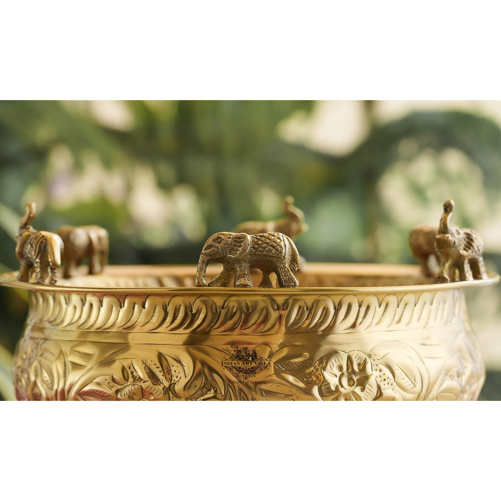 IndianArtVilla Pure Brass Embossed Design Urli with Elephant Statue, Antique Brassware, Home Décorative Item