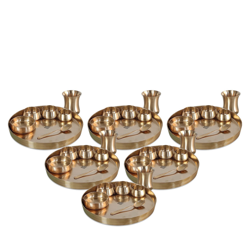 Indian Art Villa,  Handcrafted Pure Bronze Curve Shaped 7 Pieces Dinner Set | Thali Set with  Mirror Shine Finish