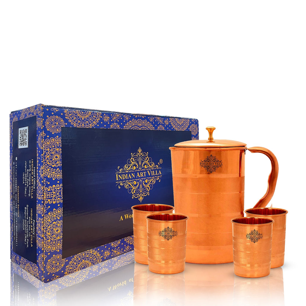 IndianArtVilla Handcrafted Pure Copper Luxury Design Jug & Glass with Box, Drinkware Gift Set