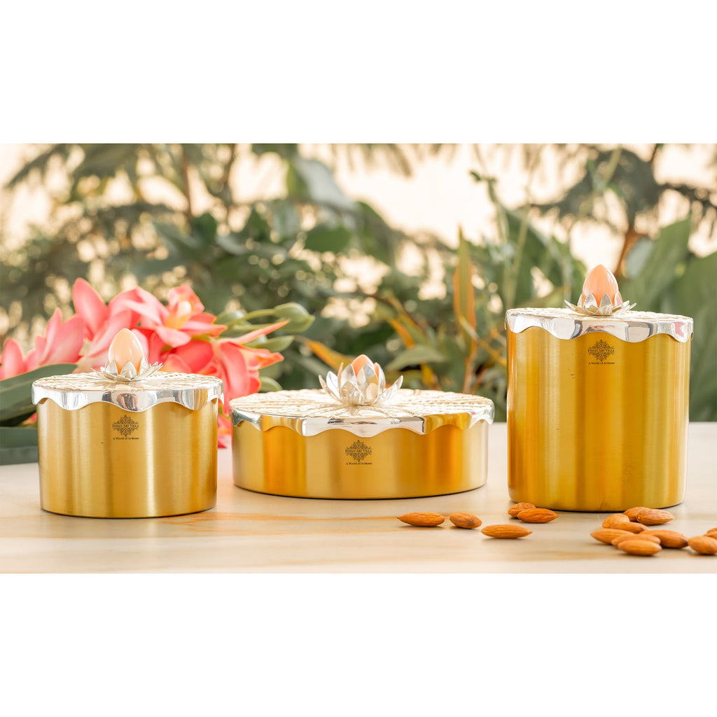 Indian Art Villa Silver-Plated Brass Decorative Multi-Purpose Gift Box, Lotus Flower Design, Elegant Silver & Gold Finish Storage Box for Dry Fruits