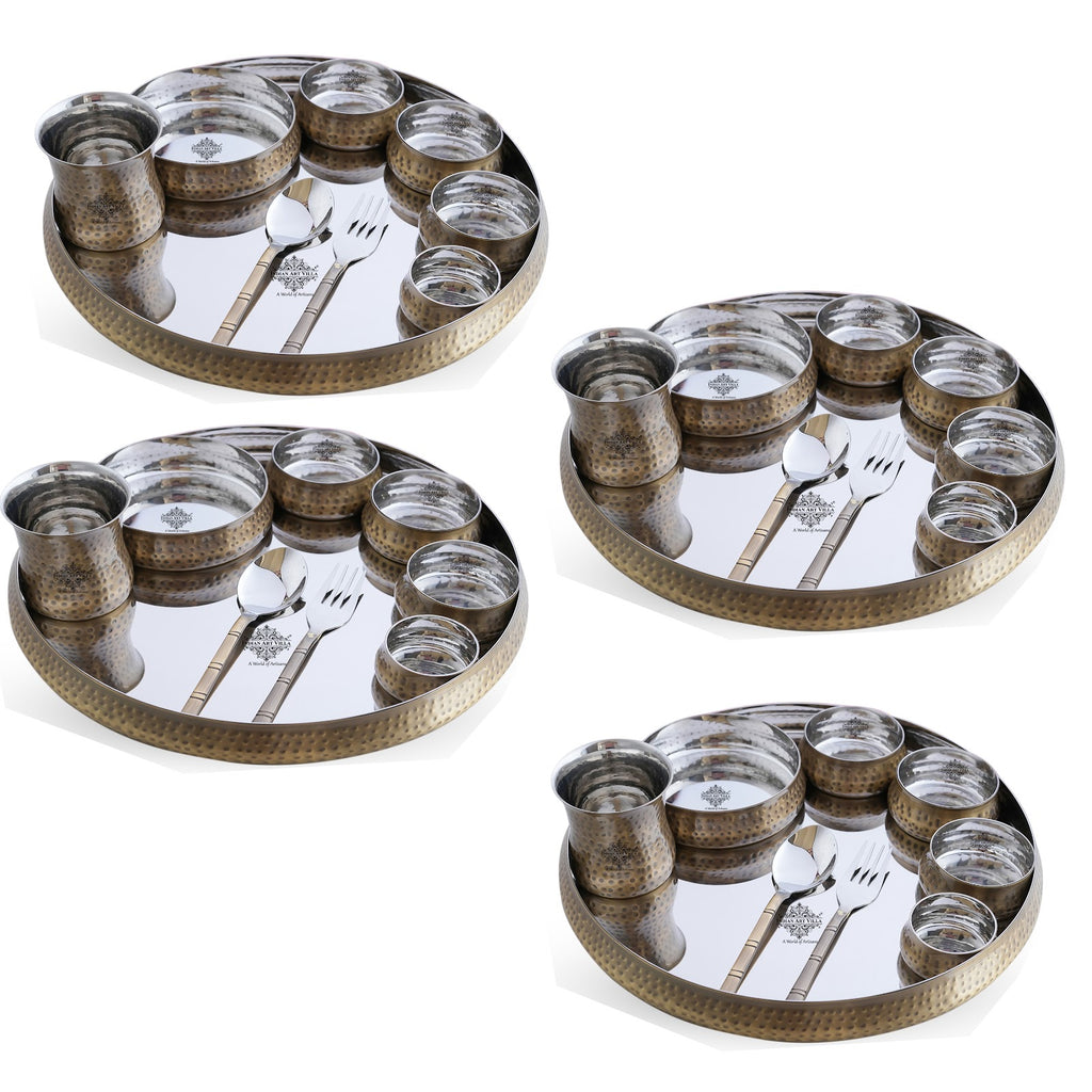 Indian Art Villa Steel Brass Curve Thali Set 9 Piece, Hammered Antique Finish Design Dinner Set