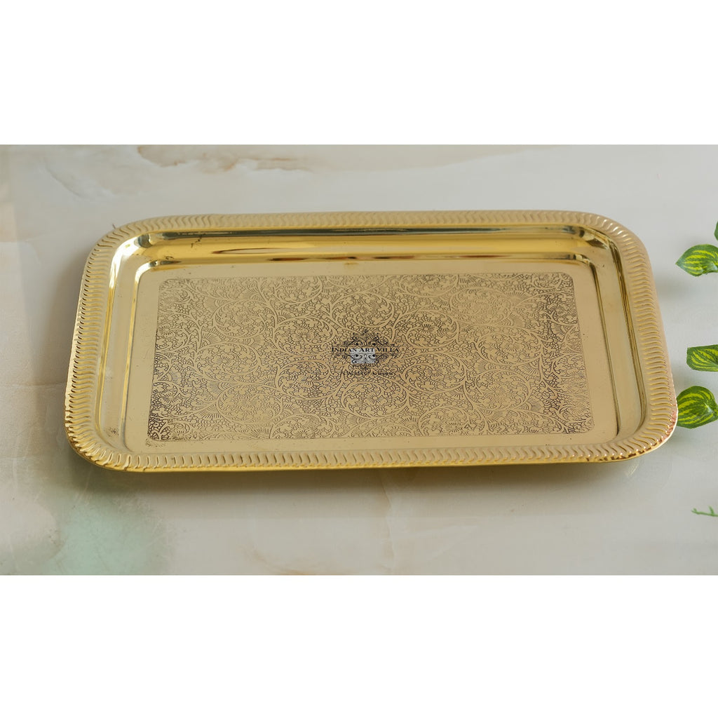 Indian Art Villa Brass Embossed Design Tray with beautiful Edges, Serveware, Tableware