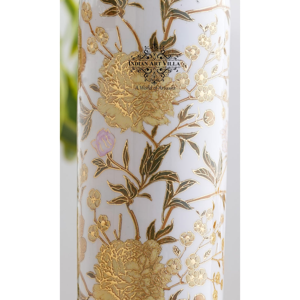 Indian Art Villa Handcrafted Pure Copper Gold Floral Print Design Water Bottle, 900 ML