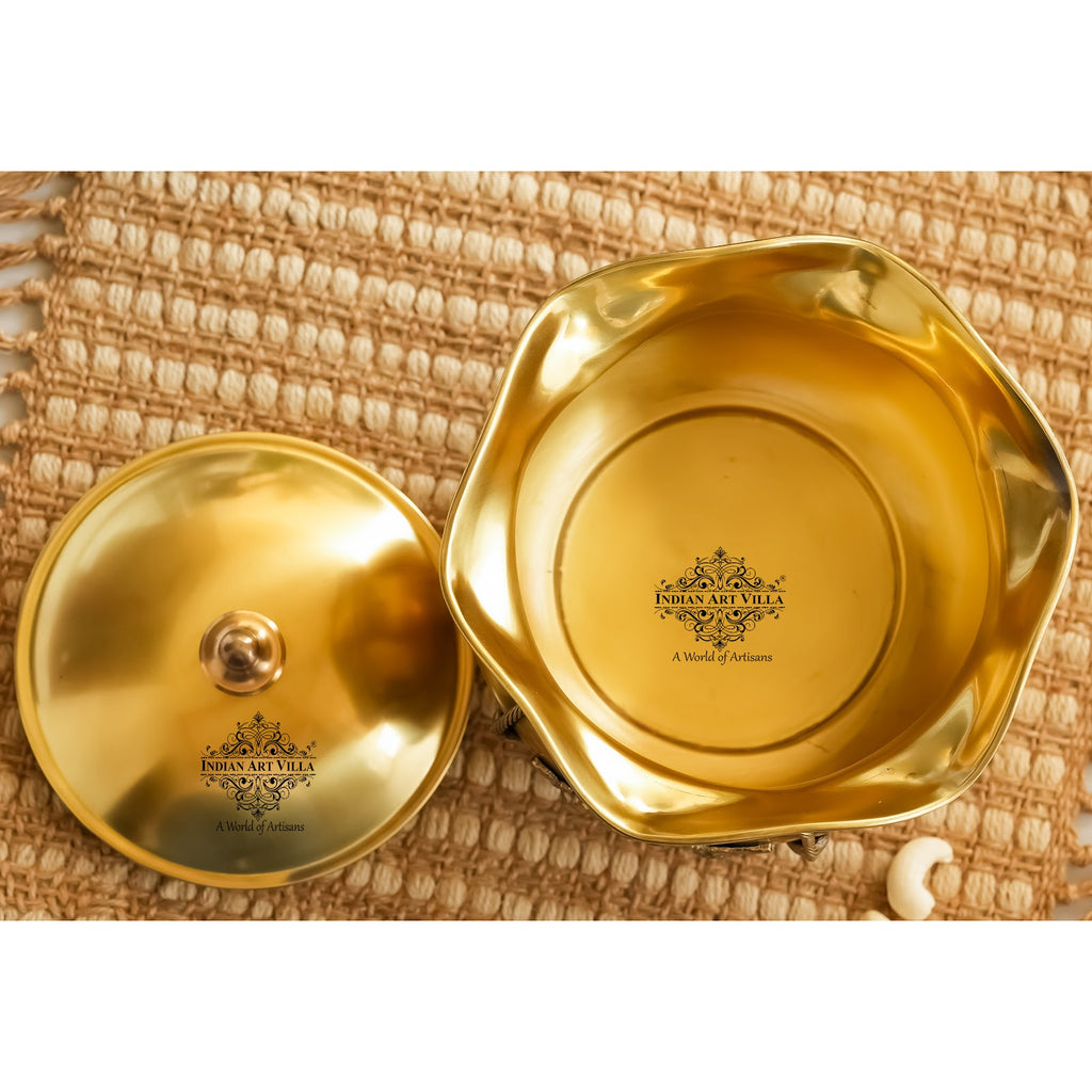 Indian Art Villa Pure Brass Handcrafted Decorative Handi | Pot with Lid and Floral Design, Serveware, Tableware