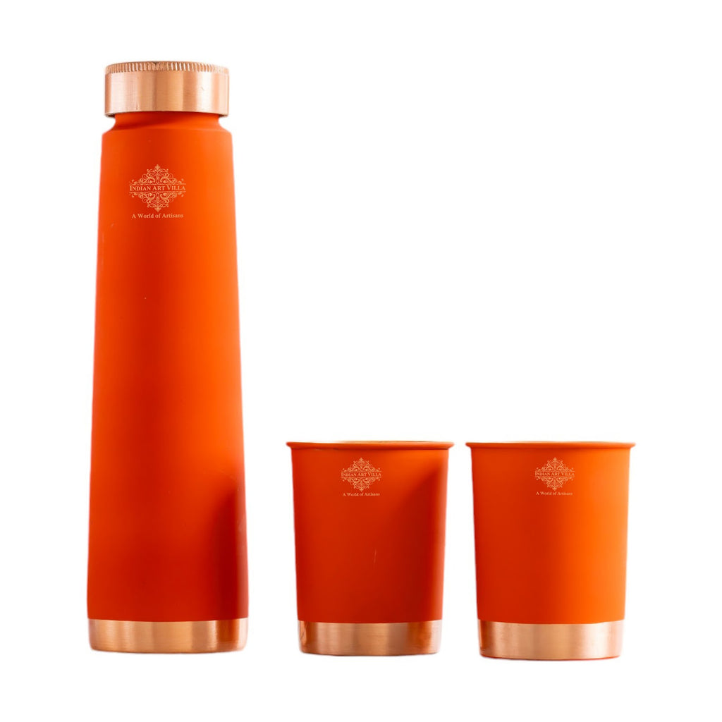 Indian Art Villa Exquisite Orange Copper Bottle And Glasses Set | Perfect For Gifting | Vol. Bottle-950 Ml, Glass-320 Ml