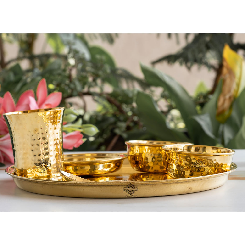 Indian Art Villa Brass Gold Shine Finish Design Thali Set | Dinner Set|Lead Free, Light weight, 6 Piece