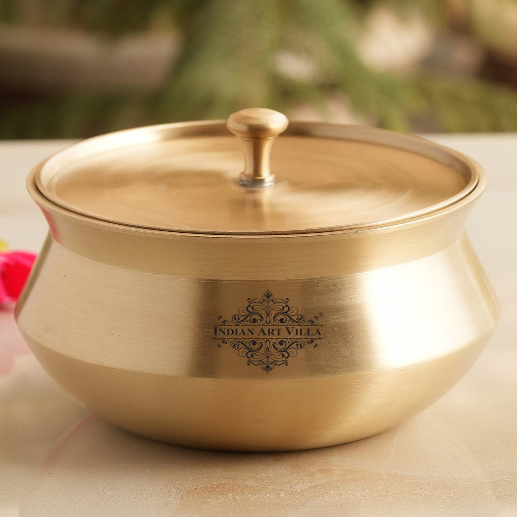 IndianArtVilla Pure Brass Designer Matt Finished Handi with Lid, Tableware, Serveware, 12cm