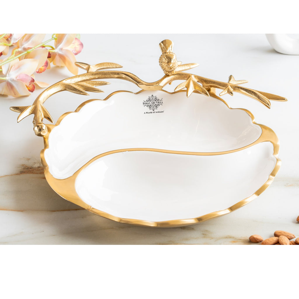 Indian Art Villa Brass Finish Decorative Serving Platter with Bird Design, Serveware for Home Décor, Gifting, and Special Occasions