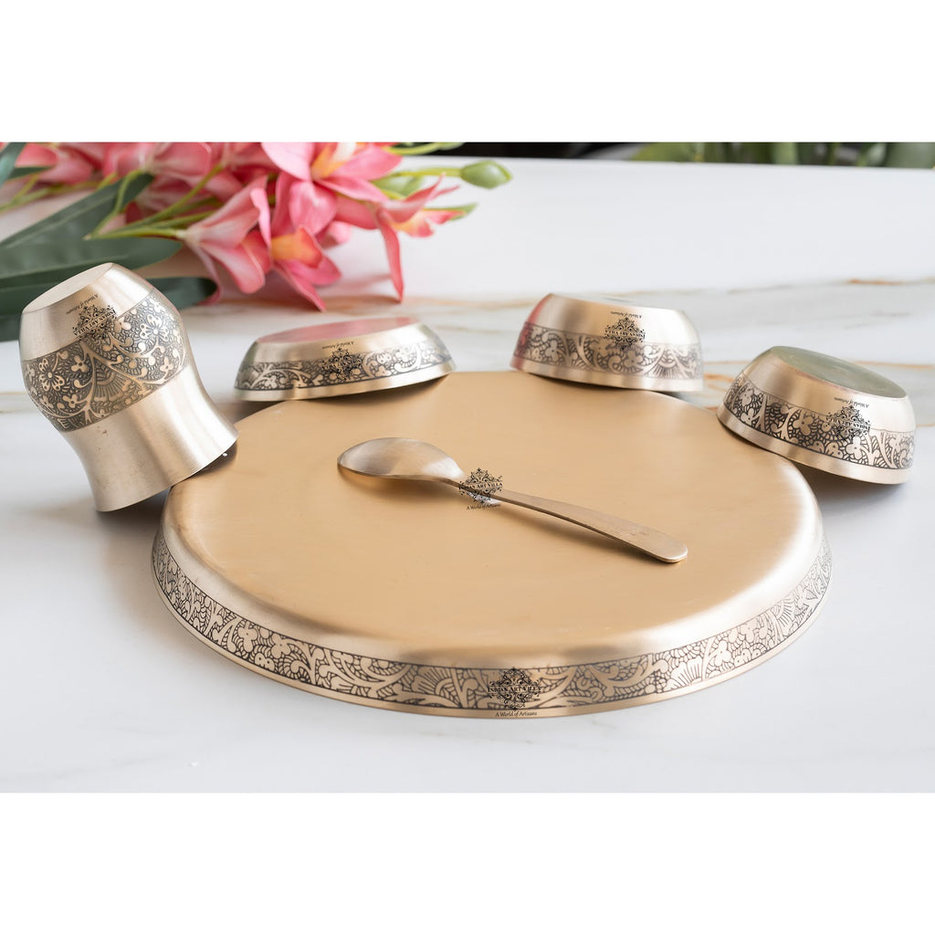 Indian Art Villa Bronze Thali Set – 6-Piece Matt Embossed Dinnerware Set with 1 Thali, 1 Glass, 1 Spoon, 1 Small Plate, and 2 Bowls, Ideal for Everyday Dining & Festive Occasions