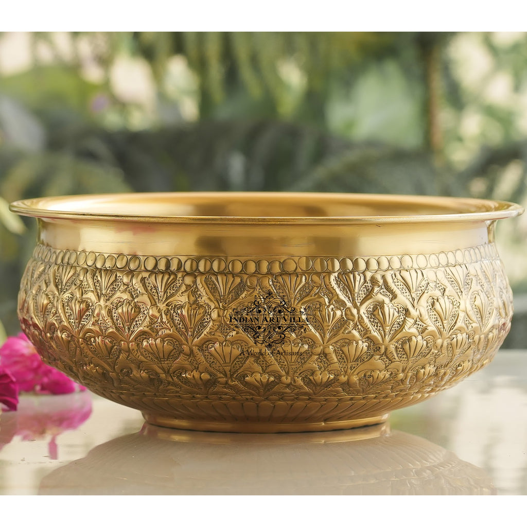 IndianArtVilla Handcrafted Brass Urli, Embossed Ornate Floral Design, Decorative Urli Bowl