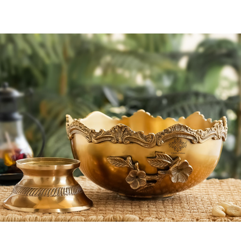 Indian Art Villa Brass Decorative Bowl, Handcrafted Floral Design, Premium Table Centerpiece