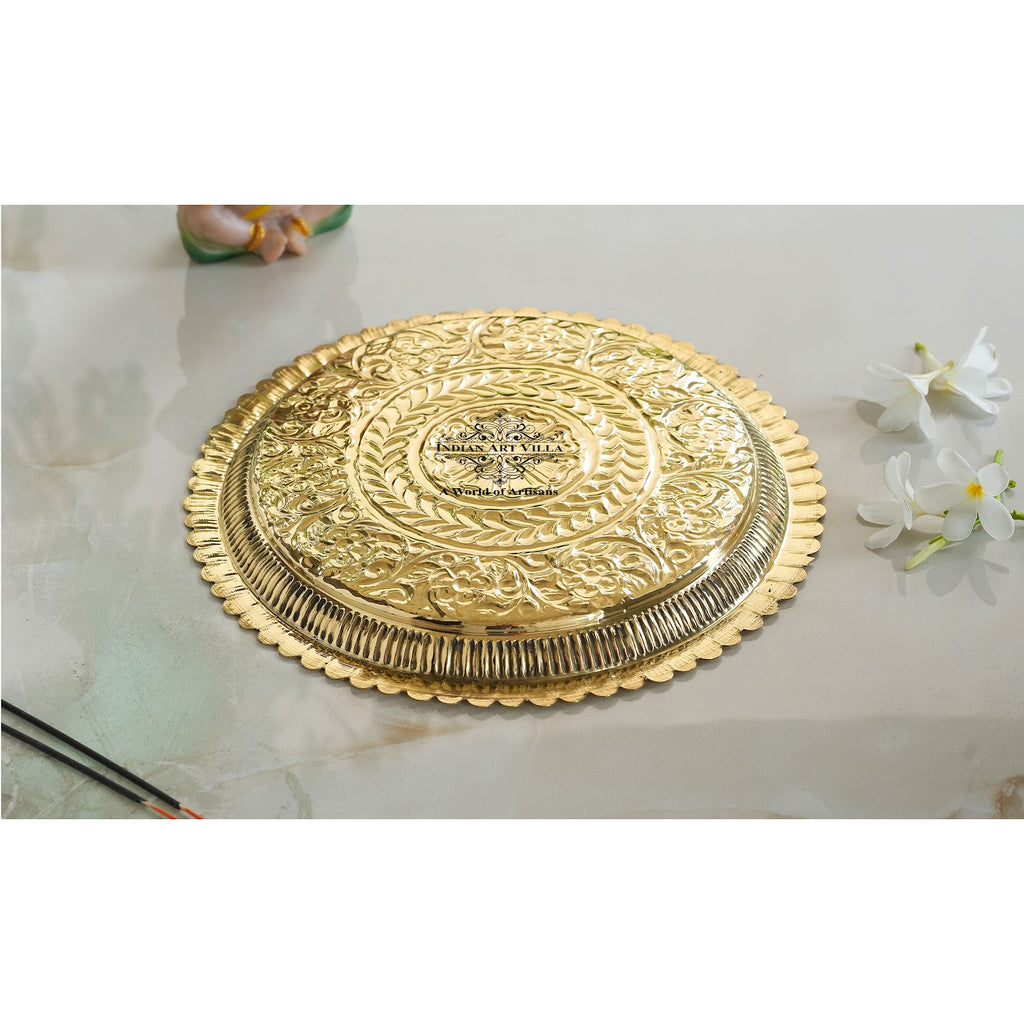 Indian Art Villa Pure Brass Flower Design Pooja Thali Plate,Poojan Temple Home