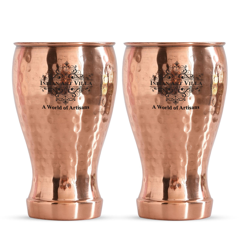 Indian Art Villa Pure Copper Glass Tumbler, Hammered Design, Drink-ware, 450 ML