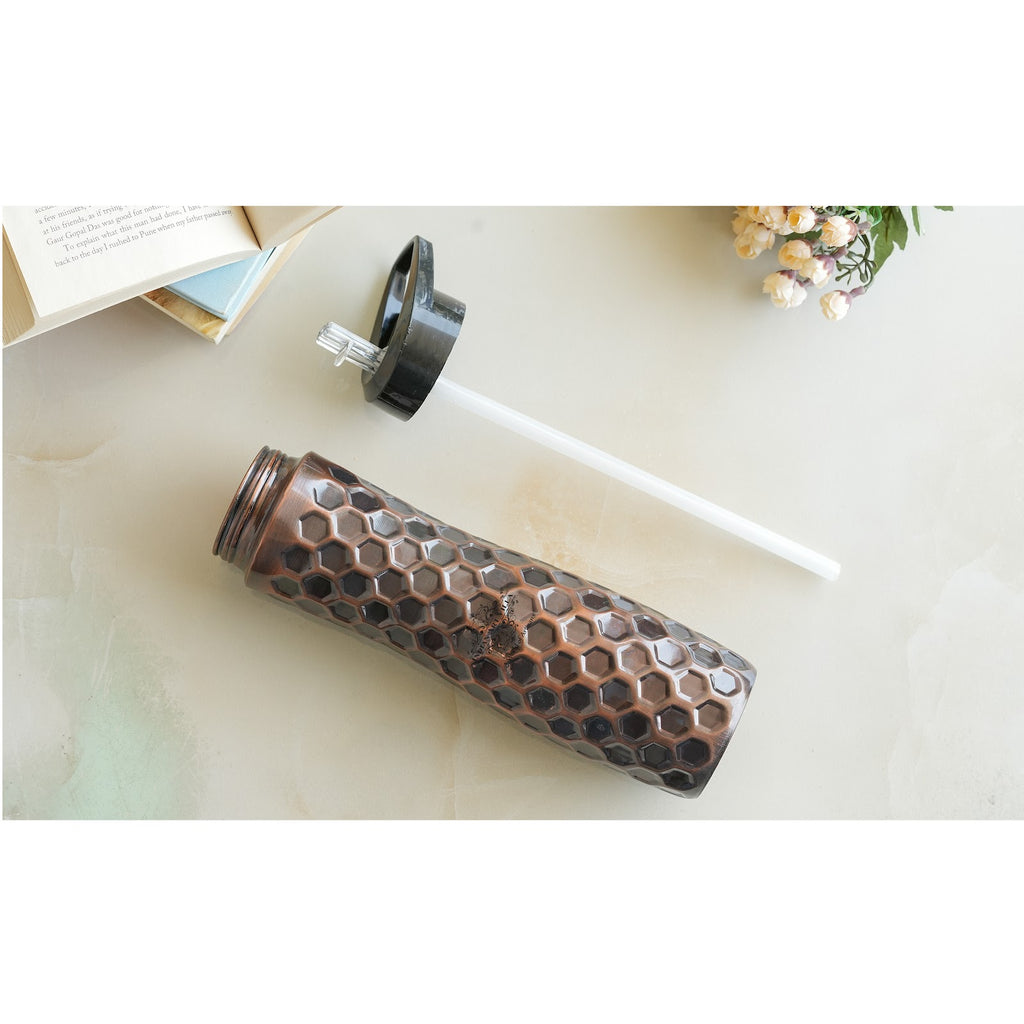 Indian Art Villa Copper Antique Dark Finish Water Bottle in Full Honeycomb Design with Sipper Cap, Volume- 900 ML