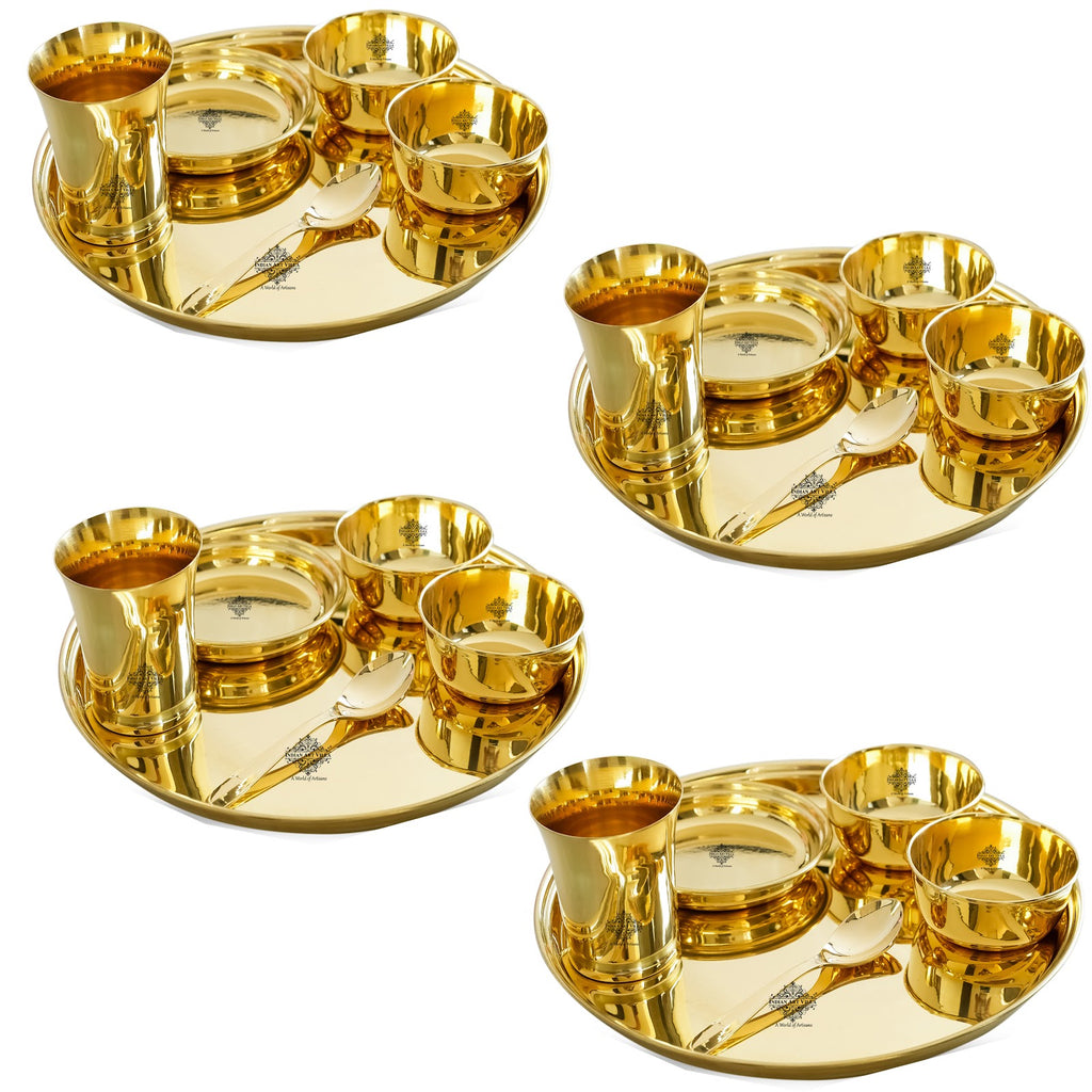 IndianArtVilla Brass Gold Shine Finish Design Thali Set | Dinner Set, Lead Free, Light weight, 6 Piece