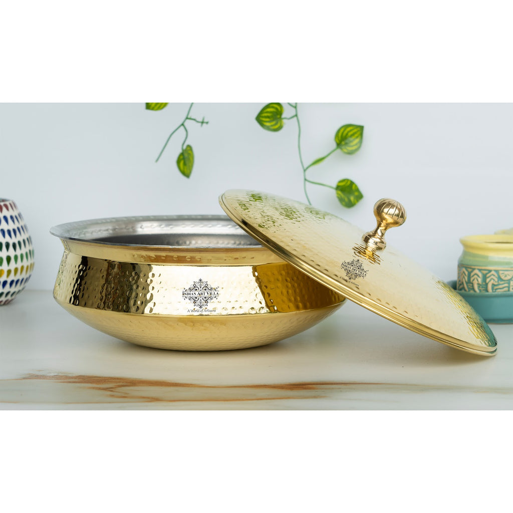 Indian Art Villa Pure Brass Lagan Handi with Tin Lining and Brass Lid, Ideal for Cooking Rice, Vegetarian, and Non-Vegetarian Dishes