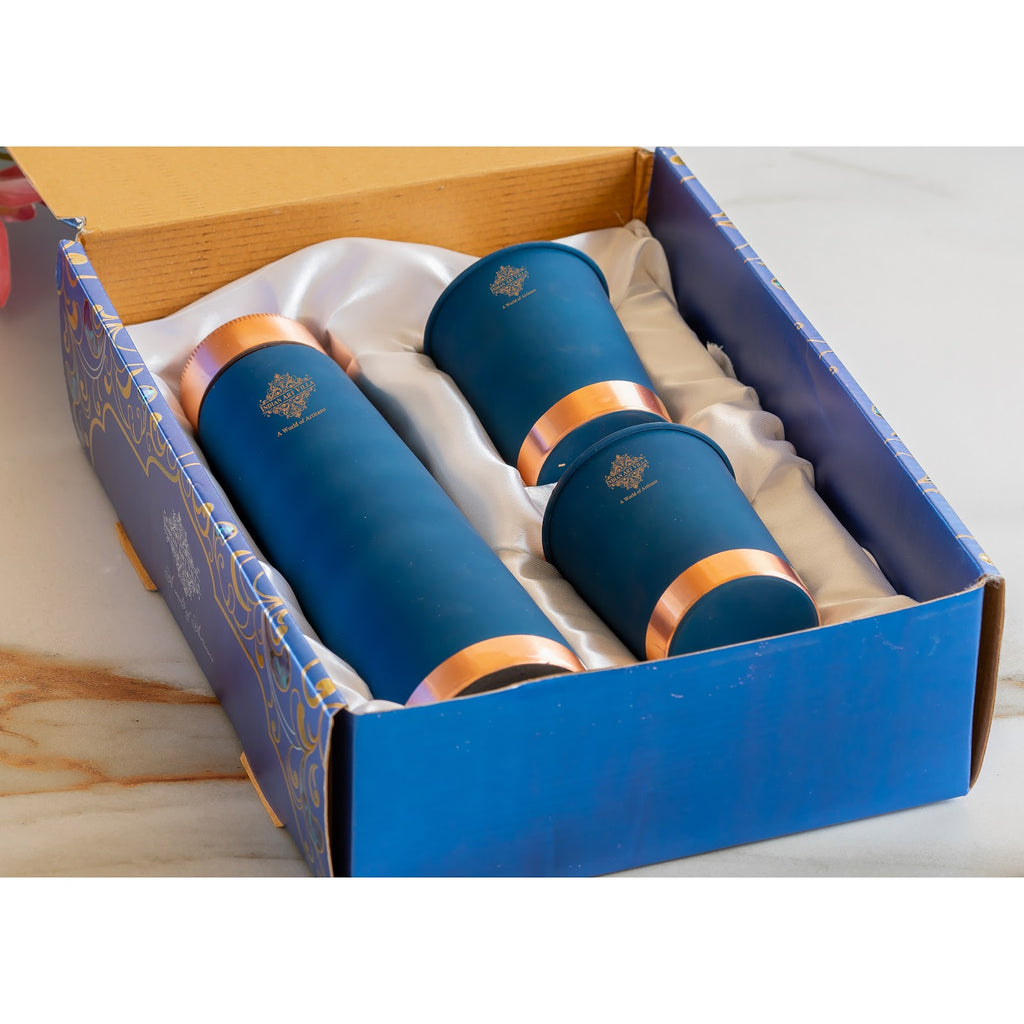 Indian Art VIlla Peacock Blue Copper Bottle With 2 Copper Glass with Gift Set, Volume Bottle-950 Ml, Glass-320 Ml