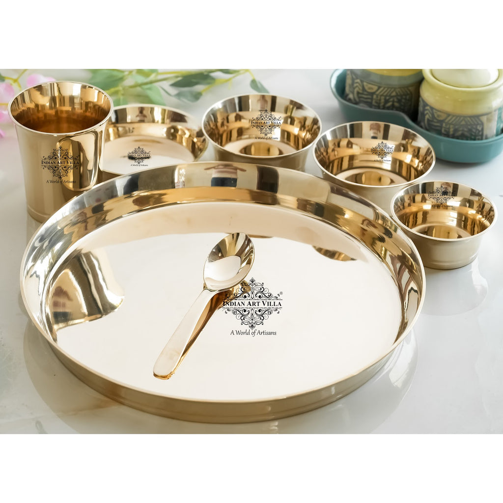 IndianArtVilla Handmade Pure Bronze Shine Finish Design Thali Set|Dinner Set, 7 Piece