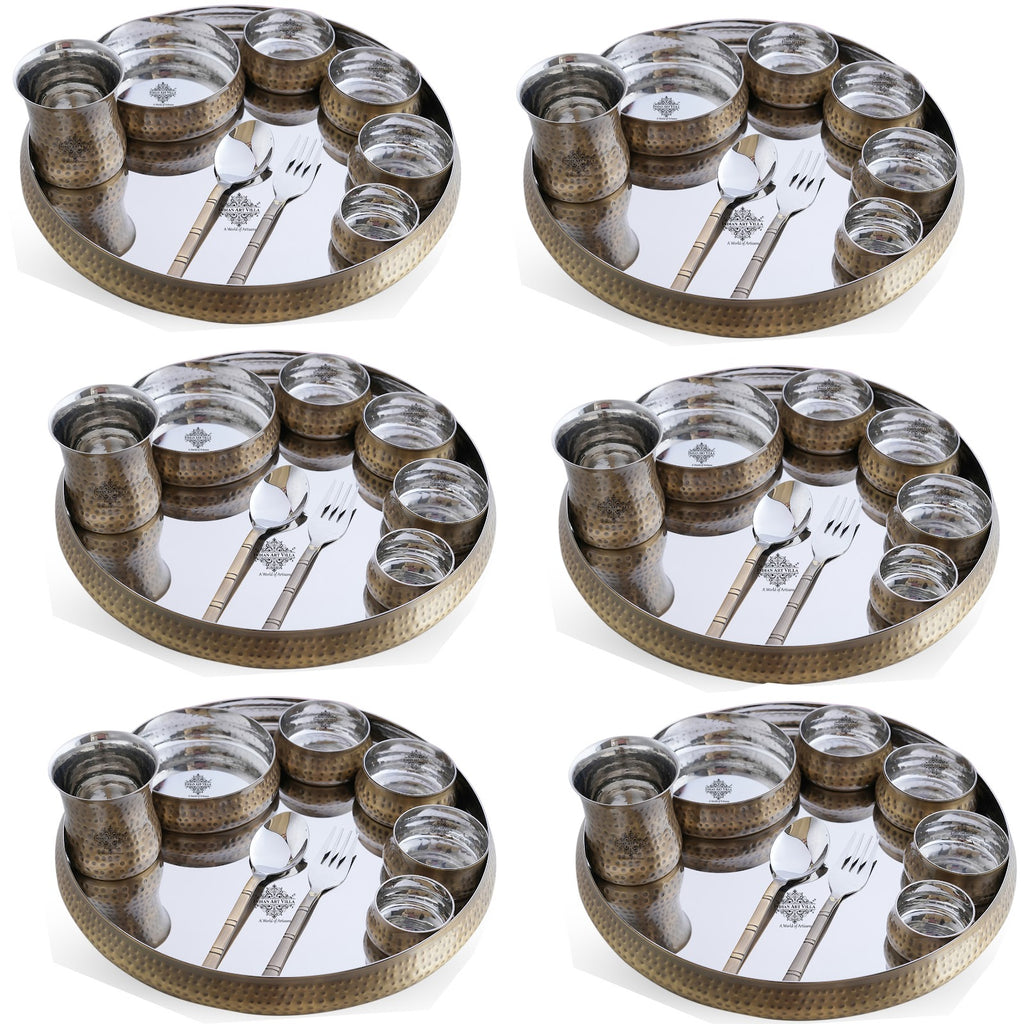 Indian Art Villa Steel Brass Curve Thali Set 9 Piece, Hammered Antique Finish Design Dinner Set