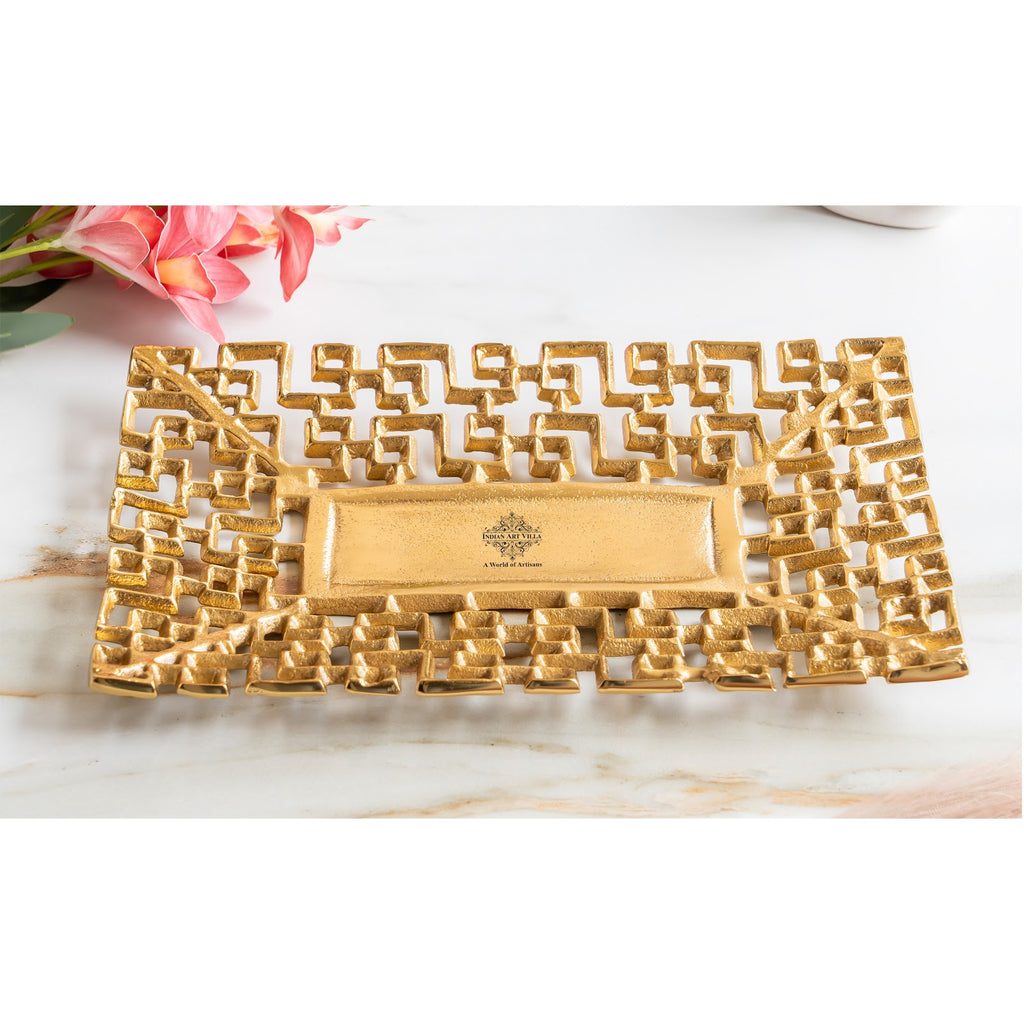 Indian Art Villa Gold Finish Antique Lacquer Matte Square Decorative Item Design Tray, Elegant For Home Decor