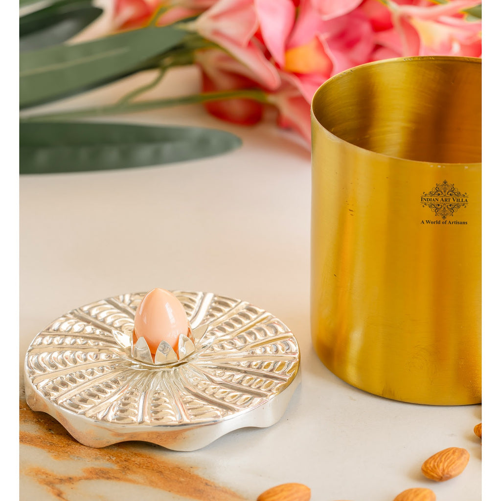 Indian Art Villa Silver-Plated & Brass Multipurpose Box with Lotus Design Lid, Gold & Silver Finish, Elegant Decorative Box for Dry Fruits, Sweets And Gifting